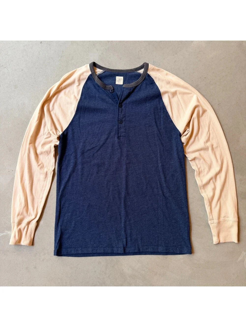 J.Crew Henley Baseball Shirt Small Two Tone Blue and Beige Long Sleeve Raglan